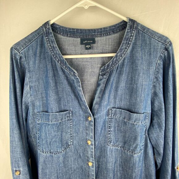J.Jill Tunic Top Womens M Ombre Blue Chambray Dip Dyed Button‎ Front Denim - Picture 2 of 11